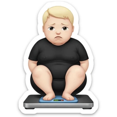 sad fat young boy in black t shirt crying on weight scale  sticker