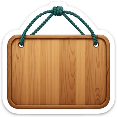 3D cartoon style wooden hanging signboard, smooth polished wood texture, rounded edges, detailed wood grain, thick twisted ropes going through holes on both sides, hanging rope knots visible sticker