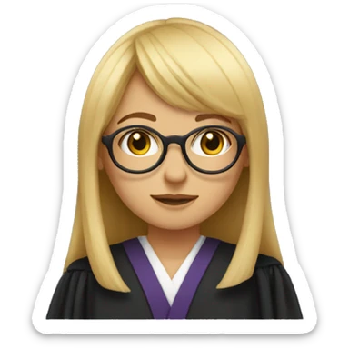 blonde straight hair girl with bangs, round eyeglasses, with judge's robe sticker