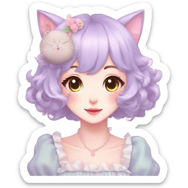 Gorgeous pastel anime style lady with blushing face and cat ears cottagecore fairycore pastelcore colorful pearly romantic simplistic aesthetic trending style full body sticker