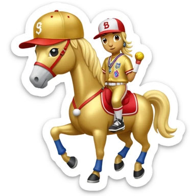 anthropomorphised horse dressed like a member of RUN DMC, hip-hop outfit, gold medal, baseball hat sticker