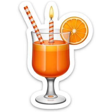 An orange with a horizontal red stripe around the middle. 4 vertical cocktail sticks in the orange with small pieces of candy on the sticks. On top of the orange a small white lit candle. sticker