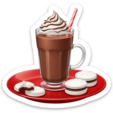 A glass of chocolate milk sits on a red saucer surrounded by chocolate cookies and sugar meringues. sticker