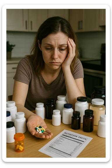 a woman in her 30s sits at her kitchen table, surrounded by dozens of supplement bottles, powders, and pills. She looks anxious and fatigued, with her head resting in one hand while the other holds a handful of colorful capsules. On the table, a nutrition chart is ignored, and her skin appears slightly dull or stressed. The mood is cautionary and educational. in italiano sticker