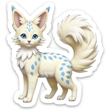 Albino-white, blue-eyed soft natural realistic romantic vintage antique divine beautiful elegant pretty precious cute young youthful  Fakémon-Pokémon-feline-Zeraora-Jolteon-serval-caracal-chinchilla-Minccino-Cinccino-Meowstic-rodent-hybrid-creature with a big fluffy bushy tail (full body) sticker
