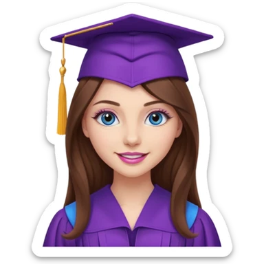girl with gorgeous long brown hair, blue eyes, long lashes makeup, sexy pink lips, wearing a purple graduation cap and gown sticker