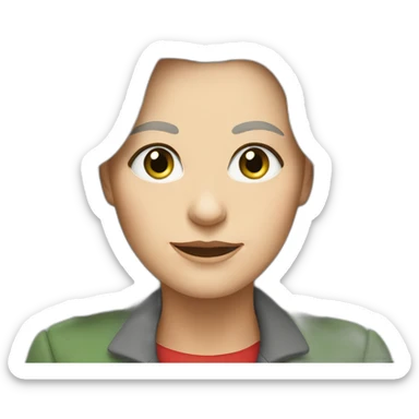 28 old women, white skin, long blond-brown hair, green eyes, red shirt in a gray jacket sticker