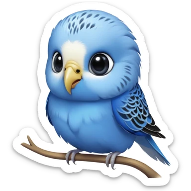 cinematic-cute-blue-budgie-portrait-emoji,-head-tilted-playfully-and-inquisitively,-featuring-a-brilliant-blue-feathered-fur-and white and black feathered face-with-a-natural-sheen,-round,-sparkling-dark-eyes-filled-with-curiosity,-simplified-yet-irresistibly-adorable sticker
