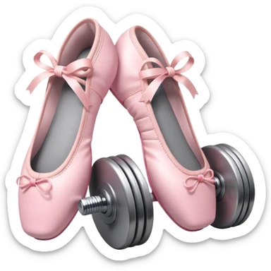 A high-quality 3D icon of pink ballet shoes next to a grey dumbbell. Soft studio lighting, cute and glossy texture. sticker