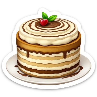 Tiramisu Cinematic Realistic Tiramisu Dessert Emoji, depicted as a delightfully messy, layered tiramisu with coffee-soaked sponge and mascarpone cream, rendered with rich textures and warm, indulgent lighting. sticker
