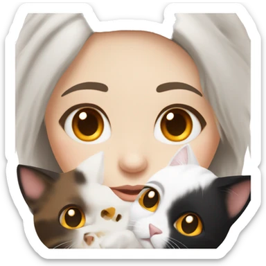 Brunette girl with brown eyes, white skin and holding a tricolor cat with black, white and orange furry. Cat hairs are black in one side of its face and orange in the other side of its face. sticker