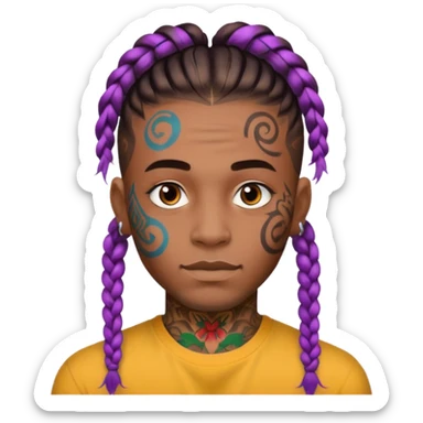 big lose braids starting from the top of the head man with mustache face wiith big visible braids and lots and lots of colored face tattoos colored tattoos like a tattoo artist hair unique color sticker
