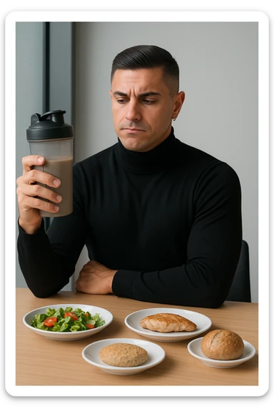un uomo in abiti da ufficio tiene in mano uno shaker o una bottiglia di sostituto pasto, guardandolo con un’espressione neutra o leggermente indecisa. Sul tavolo davanti a lui ci sono piatti di cibo solido non toccati, come insalata, pollo e pane, a sottolineare la sua scelta di evitare il pasto tradizionale. L’atmosfera è moderna e riflessiva. sticker