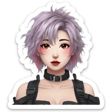 Gorgeous pastel techwear anime style lady with blushing face aesthetic and pretty edgy black red punk messy hair with collar and harness trending style sticker