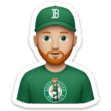 Bald white man with ginger beard and blue eyes in Tatum Boston Celtics jersey over tshirt with Boston Celtics logo on cap sticker