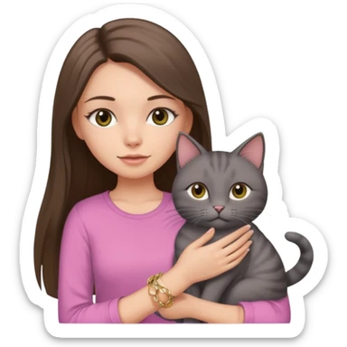 a white girl with brunette long straight hair holding a grey cat. the girl has long lashes and has on a pink shirt and gold jewelry. sticker