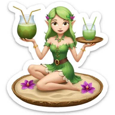 female elf in orchid-petal dress, balancing coconut drink tray. Barefoot on sand sticker