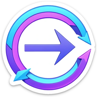 Futuristic retry arrow: an open curved neon arrow forming almost a circle but leaving a gap, clear restart motion. Glowing blue and violet Virtuosa colors, soft Ovi-like floating shape, playful high-tech style, luminous semi-matte texture. No text. Full background.
 sticker