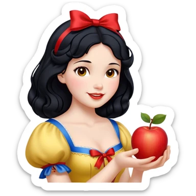 Cinematic Realistic Snow White Portrait, depicted with lifelike skin texture, soft natural lighting, and intricately detailed black hair styled with a red ribbon. Her soft brown eyes radiate innocence and kindness, complemented by a warm, gentle smile. She holds an apple in one hand, her other hand resting against her cheek, embodying her purity and charm. She is dressed in her classic yellow, blue, and red gown, the fabric rich in texture with delicate folds that catch the light beautifully. The portrait features a soft, natural glow with a radiant finish, capturing the essence of timeless beauty in a realistic and painterly style. sticker