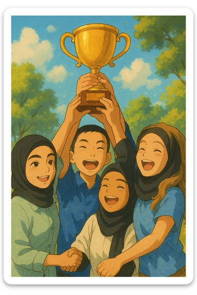 Illustrate these four students together in a warm Ghibli style, joyfully lifting a trophy. The atmosphere should be bright, cheerful, and full of happiness, capturing a moment of celebration and camaraderie. sticker