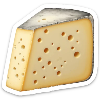 wedge of Tomme de Savoie cheese, pale yellow inside, thick rustic rind in grey-brown with natural mold spots, dense grainy texture, cleanly cut, earthy look, soft lighting, emoji scale sticker