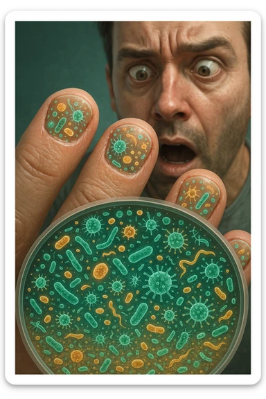 "Close-up macro shot of man's fingernails with transparent overlay showing dense colonies of bacteria, viruses, and parasites thriving in nail beds, millions of pathogens visible as glowing microscopic organisms, expression of shock as he examines his hands under magnification, nail debris containing more germs than toilet water, fingertips becoming mobile germ factories" sticker