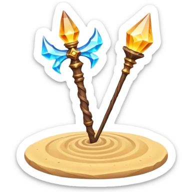 desert sand mage staff object icon, ancient wooden staff, swirling sand crystal on top, glowing golden aura, small floating sand particles, fantasy desert style, 3D cartoon, mobile game icon style, centered, clean background, soft shadow, no text, no watermark
 sticker