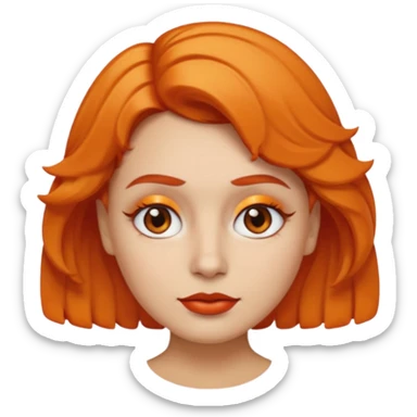 A person emoji with light skin, short orange wavy hair swept to one side, matching orange eyebrows, brown eyes, an oval-shaped face, a small nose, and dark lipstick. sticker