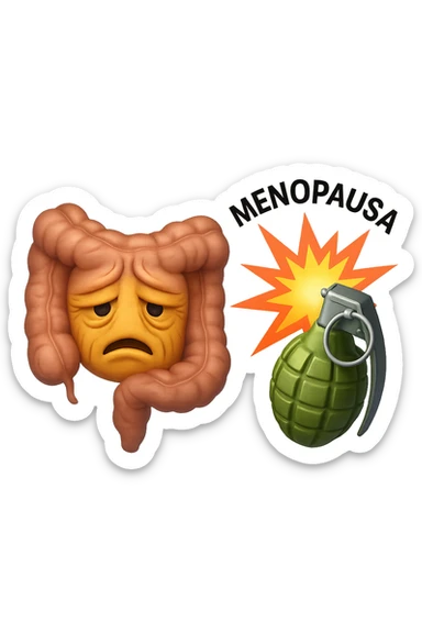EMOJI STILE IPHONE DI INTESTINO ANZIANO CON RUGHE SFINITO, ACCANTO A LUI SCOPPIA UNA GRANATA 3D CON LA SCRITTA "MENOPAUSA" SOPRA sticker