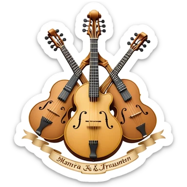 Design a complex, festive, and professional emblem-like emoji representing plucked string instruments. The composition should resemble a heraldic crest, featuring iconic instruments like a banjo, mandolin, domra, and sitar, artistically arranged in a balanced and symmetrical layout. The necks of the instruments should extend upward, intertwining with a flowing ribbon of musical notes, which weaves elegantly around the strings and headstocks. The design should incorporate intricate details, such as carved patterns on the instruments and decorative fretboards, while maintaining clarity and recognizability. Use a rich and celebratory color palette with gold, deep brown, and vibrant accents, adding subtle highlights and shadows for a polished, three-dimensional look. Include ornate elements like laurels, swirls, or subtle engraving to enhance the emblematic feel. The background should be transparent to highlight the composition as a standalone emblem. sticker