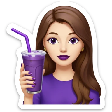 girl with long brown hair, wine lipstick, gold nails, drinking a blueberry butter pecan iced coffee with a purple straw  sticker