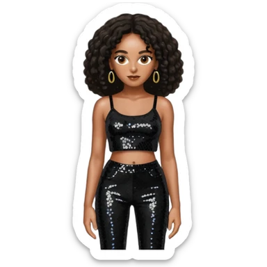 Solange with long dark brown hair, black sequin crop top, black sequin pants sticker