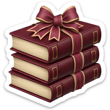 burgundy books stacked up and tied together by a burgundy bow sticker