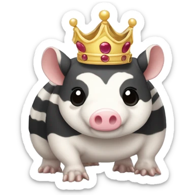 Black and white piebald chubby round armadillo pig panda centipede armadillo wearing a crown sticker