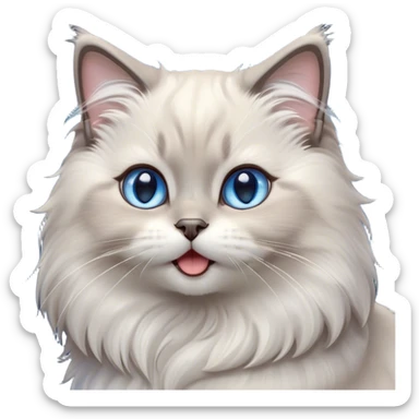 Cinematic Adorable Fluffy Light Grey Mantle Ragdoll Cat Portrait Emoji, Head tilted cutely with big, sparkling blue eyes, soft light grey fur with darker points on the ears, face, and paws, Simplified yet irresistibly adorable features, highly detailed, glowing with a soft, warm glow, high shine, yawning in a peaceful and playful manner, stylized with a touch of whimsy, bright and endearing, soft glowing outline, capturing the essence of a relaxed and loving kitten, so cute it feels like it could leap out of the screen and stretch into a cozy nap! sticker