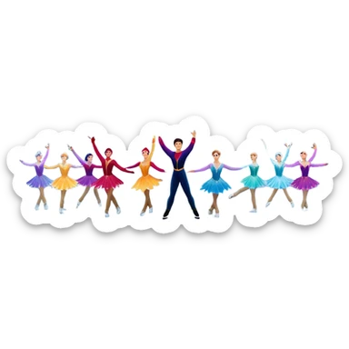 An icon of a theatrical ice show with close-up costumed figure skaters performing a dramatic scene on a glowing ice stage. Spotlights, colorful scenery, and a cheering audience in a grand arena convey the magic and artistry of the ice performance. Transparent background included. sticker