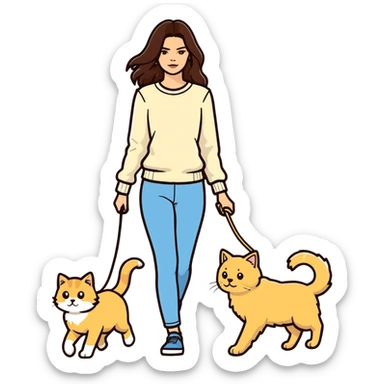 Kendall Jenner with long brown hair walking a golden retriever dog and three cats, two cream colored cats and one white and blue cat sticker