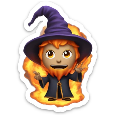 Human demonologist in a wizard costume, surrounded by a fiery halo, Halloween theme, emoji sticker