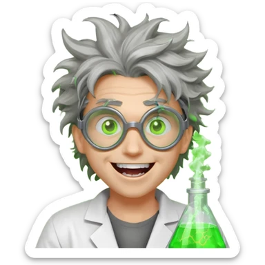 mad nuclear scientist portrait, head and shoulders only, messy hair, cracked goggles, glowing radioactive green light, excited crazy smile, 3D cartoon, mobile game icon style, clean background, no text, no watermark
 sticker