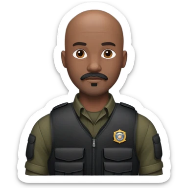 black soldier bald head, short beard that connects seamlessly to his mustache,  in black bulletproof vest sticker