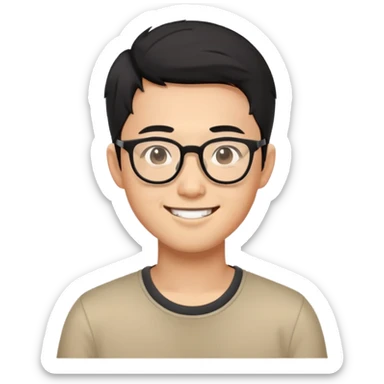 Asian man with short black hair, glasses, friendly smile, Josh Lim character sticker