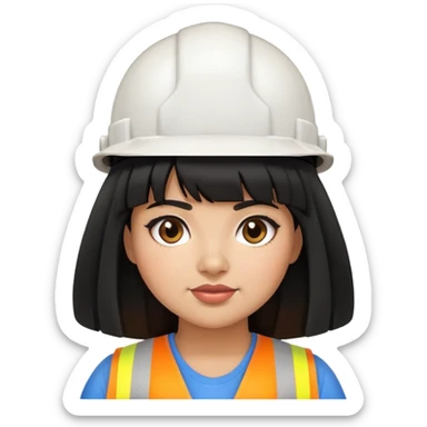 Latina girl with bangs black long hair plus size dress and hard hat sticker