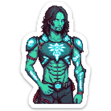Add more cyberpunk details to Johnny Silverhand: glowing neon tattoos, cybernetic enhancements, holographic elements, and a futuristic cityscape background, keep the pixel art style, with no background. sticker