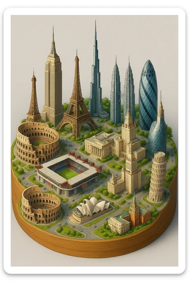 Оставь основу картинки - деревянную подставку, но при этом сгенерируй изометричная, яркая, детализированная и фотореалистичная иллюстрация где будет самые узнаваемые здания мира Эмпайр Стейт Билдинг, Эйфелева башня, Колизей, Сиднейская опера, стадион Сан-Сиро, Белый Дом Пизанская башня, здание МГУ, Бурдж-Халифа, Башни Петронас, Небоскрёб Фостера в Лондоне, Рейхстаг, Тайбэй sticker
