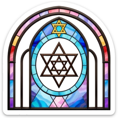 jewish synagogue temple in dark goth aesthetic style with black building and very light tint rainbow stained glass windows. and star of david and celestial symbolism sticker
