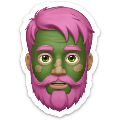 pink haired man with full full face dirty messy green clay mask and beard sticker