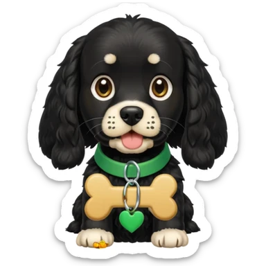 Black cocker with green collar and bone tag with FRANKIE written on it sticker