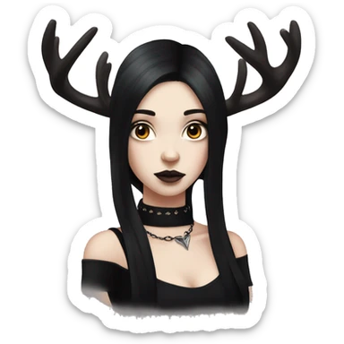 Portrait. Goth deer girl in a black sleeveless dress with a choker. White antlers with deer ears. Long Black hair sticker