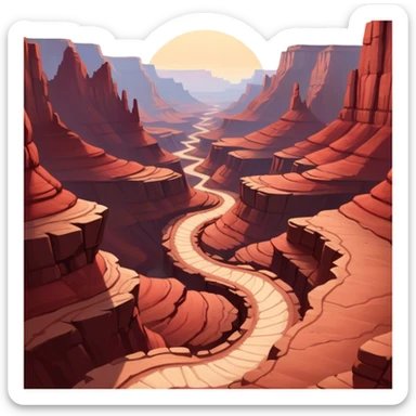 Cinematic Realistic Canyon Emoji, Vast and rugged, with deep red rock formations and winding paths leading down to a dry, dusty floor. Sunlight casts long shadows across the craggy surfaces, highlighting the layers of ancient rock. Soft glowing outline, capturing the essence of dramatic beauty and ancient history in a mighty canyon. sticker