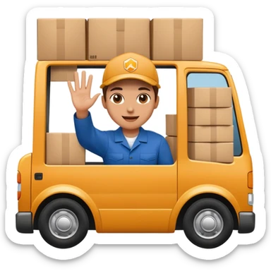 truck with a supplier in work uniform sitting inside, waving hi, lots of packages in the truck sticker